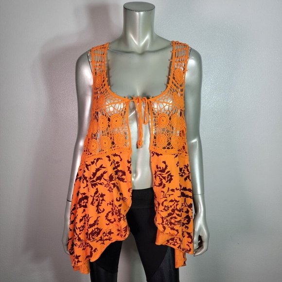 Denim 24/7 Top Plus Size 1X Crochet Stretch Open Tie Front Square‎ Neck Orange - Picture 2 of 6
